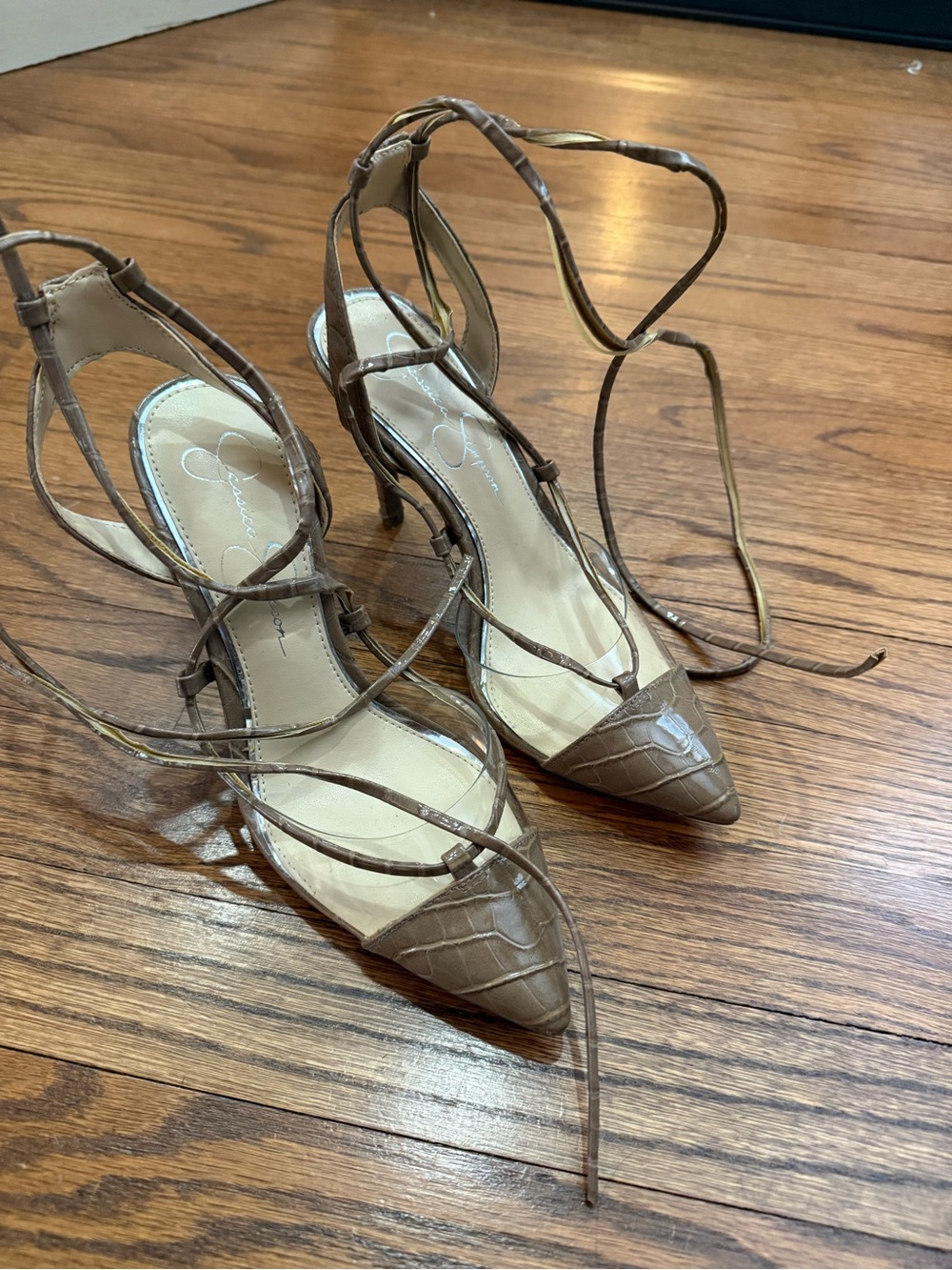 5 for $25! Pointed Toe Croc-Embossed Lace-Up Heels in Taupe